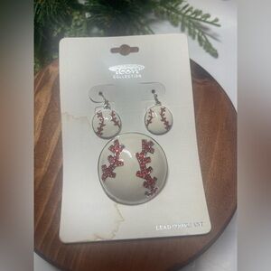 Baseball Themed Earrings and Brooch Set